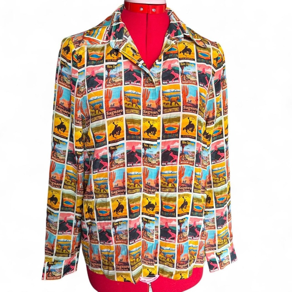 Alice + Olivia Willa Postcard Printed Blouse Silk Multicolored Button Shirt